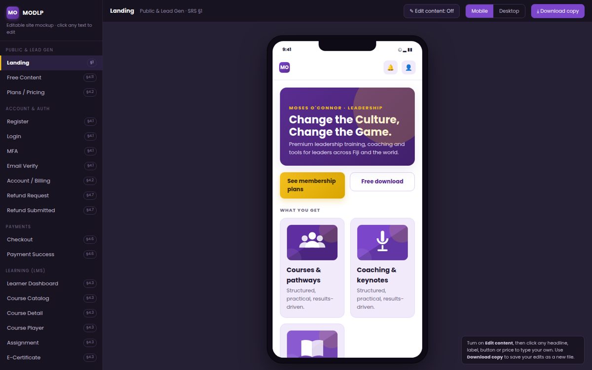 Screenshot of MODLP — Leadership Coaching Platform