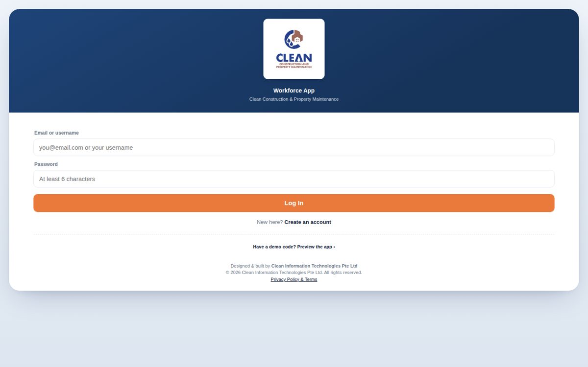 Screenshot of Clean Workforce App